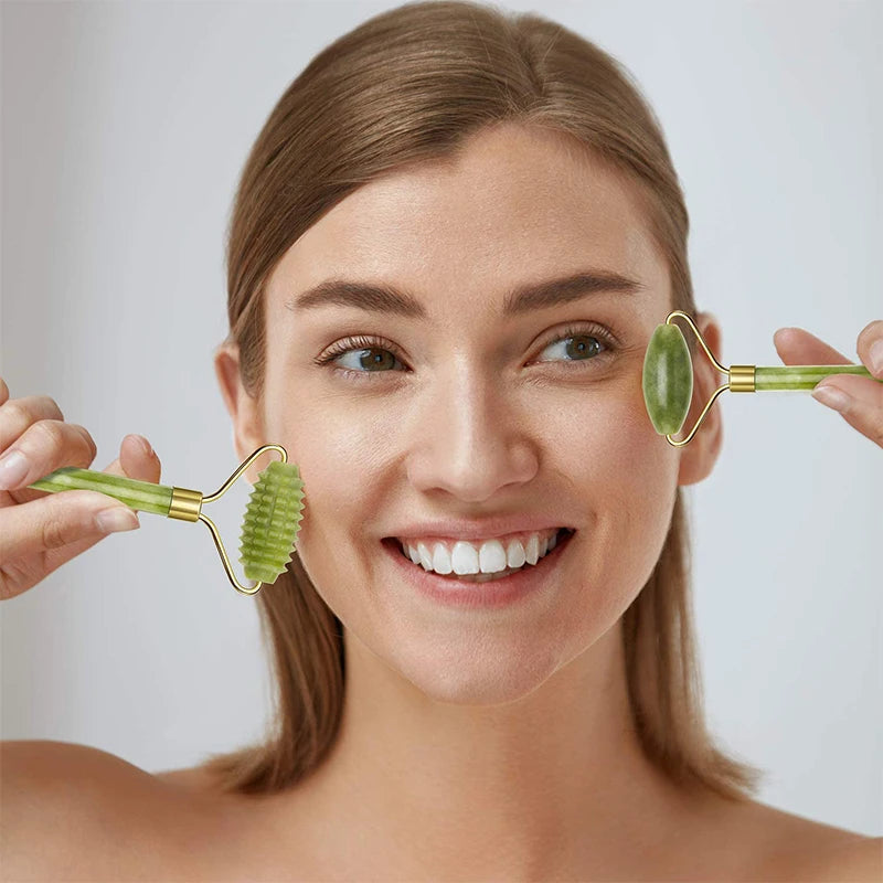 Appareil Massage Visage en Jade, Rouleau et Gua Sha pour Éclat