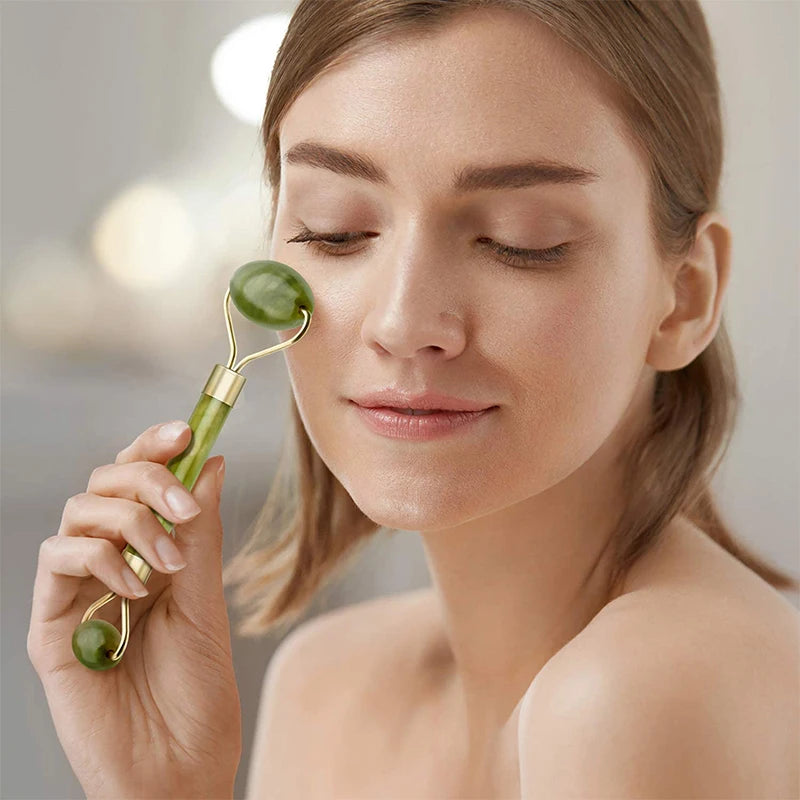 Appareil Massage Visage en Jade, Rouleau et Gua Sha pour Éclat