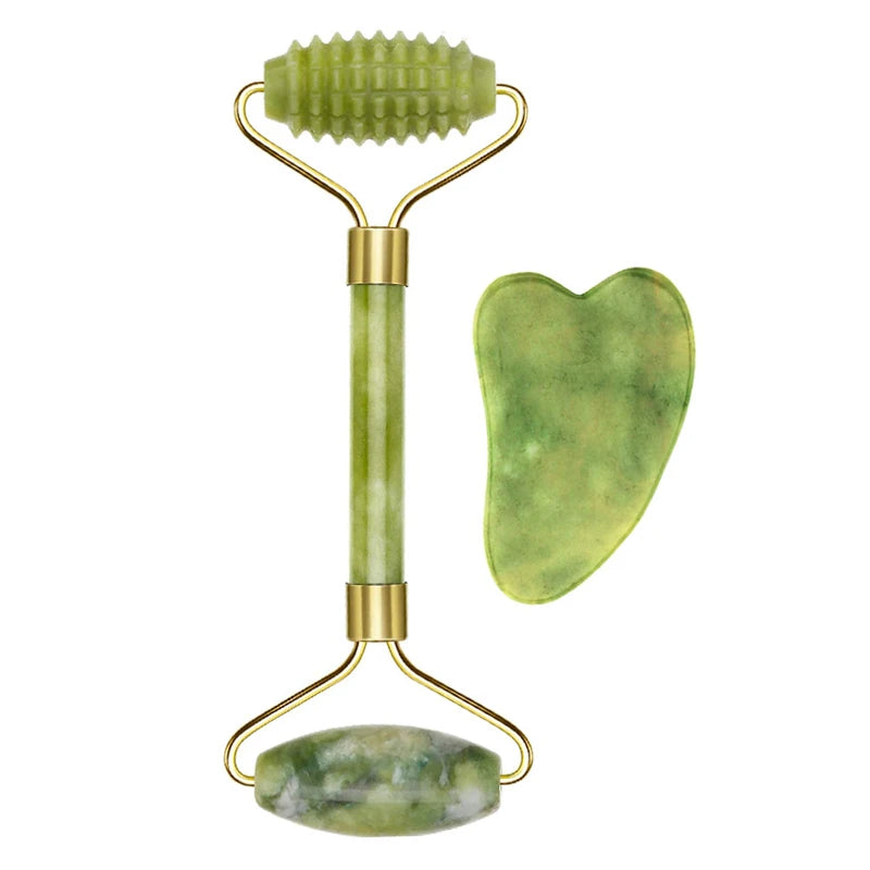 Appareil Massage Visage en Jade, Rouleau et Gua Sha pour Éclat