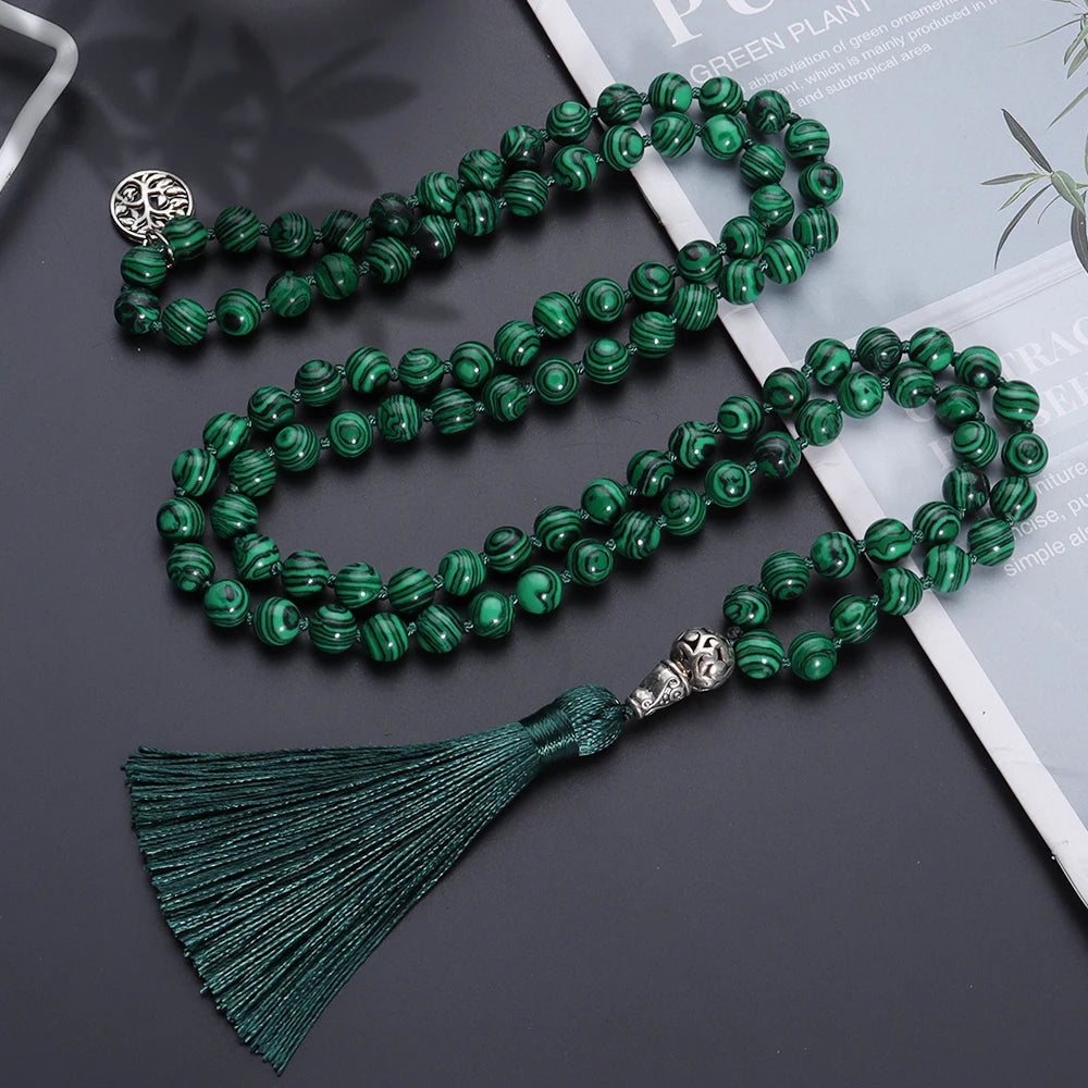 Colliers Mala en Malachite, Perles Tibétaines pour Yoga et Prière