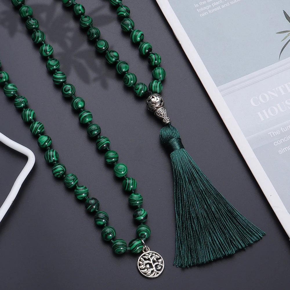 Colliers Mala en Malachite, Perles Tibétaines pour Yoga et Prière