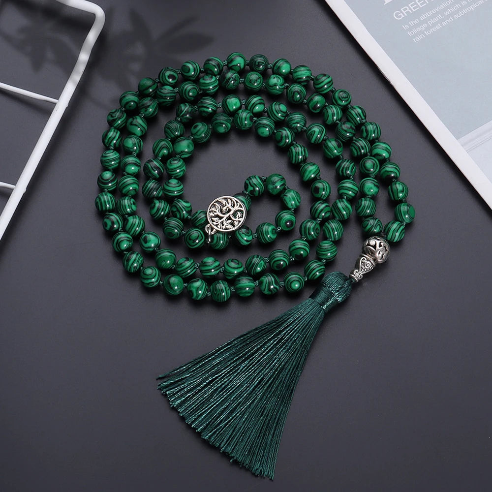 Colliers Mala en Malachite, Perles Tibétaines pour Yoga et Prière