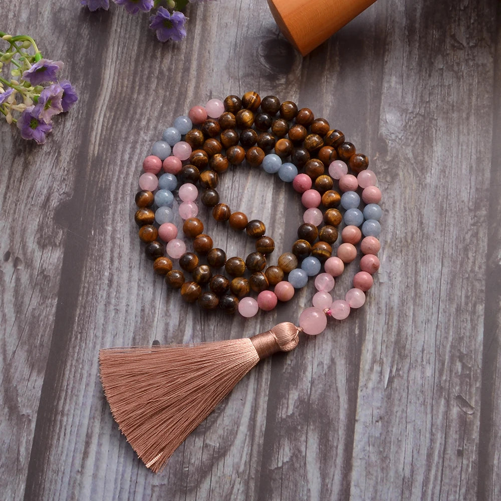 Colliers et Bracelet Mala en Œil de Tigre et Quartz Rose, Équilibre et Sérénité