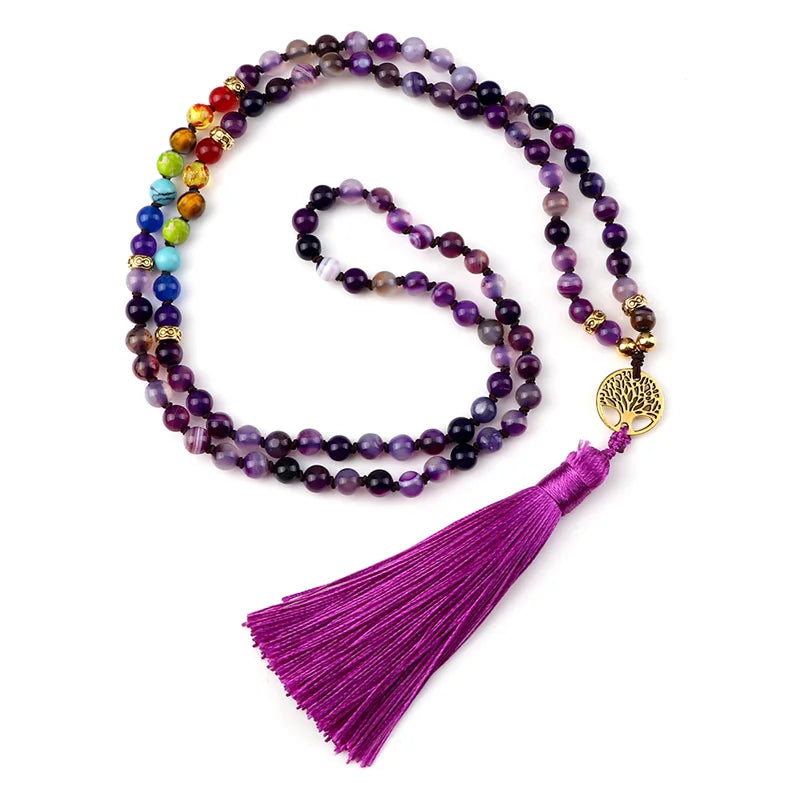 Colliers Mala en Agate Violette, 7 Chakras et Reiki Bien-Être