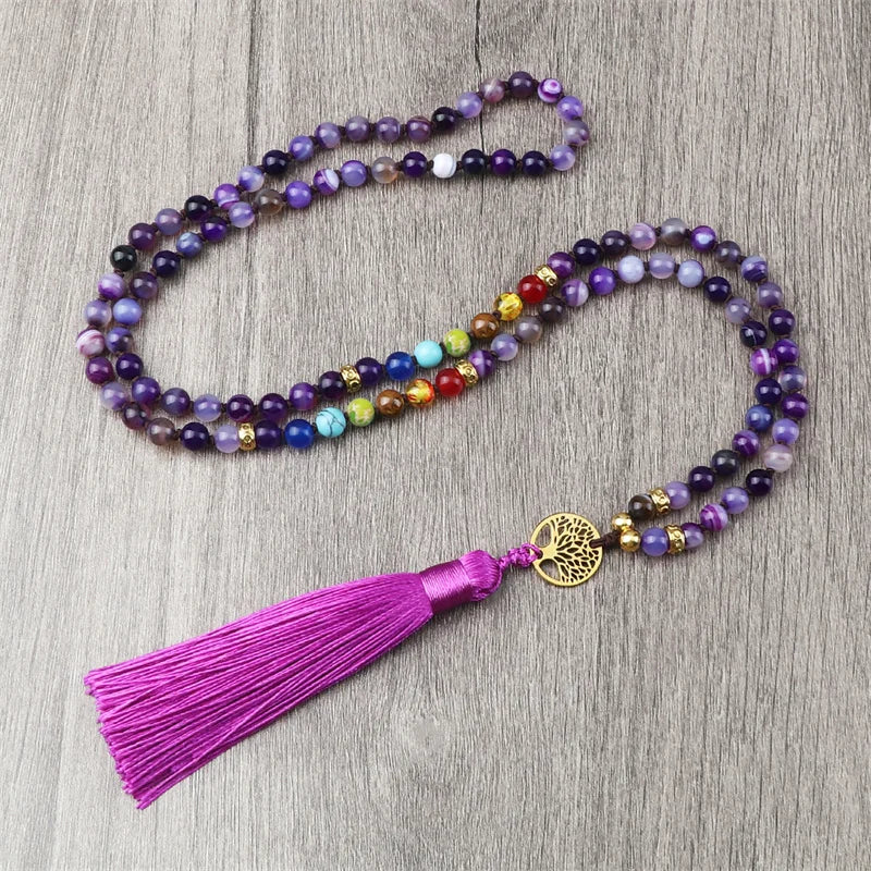 Colliers Mala en Agate Violette, 7 Chakras et Reiki Bien-Être