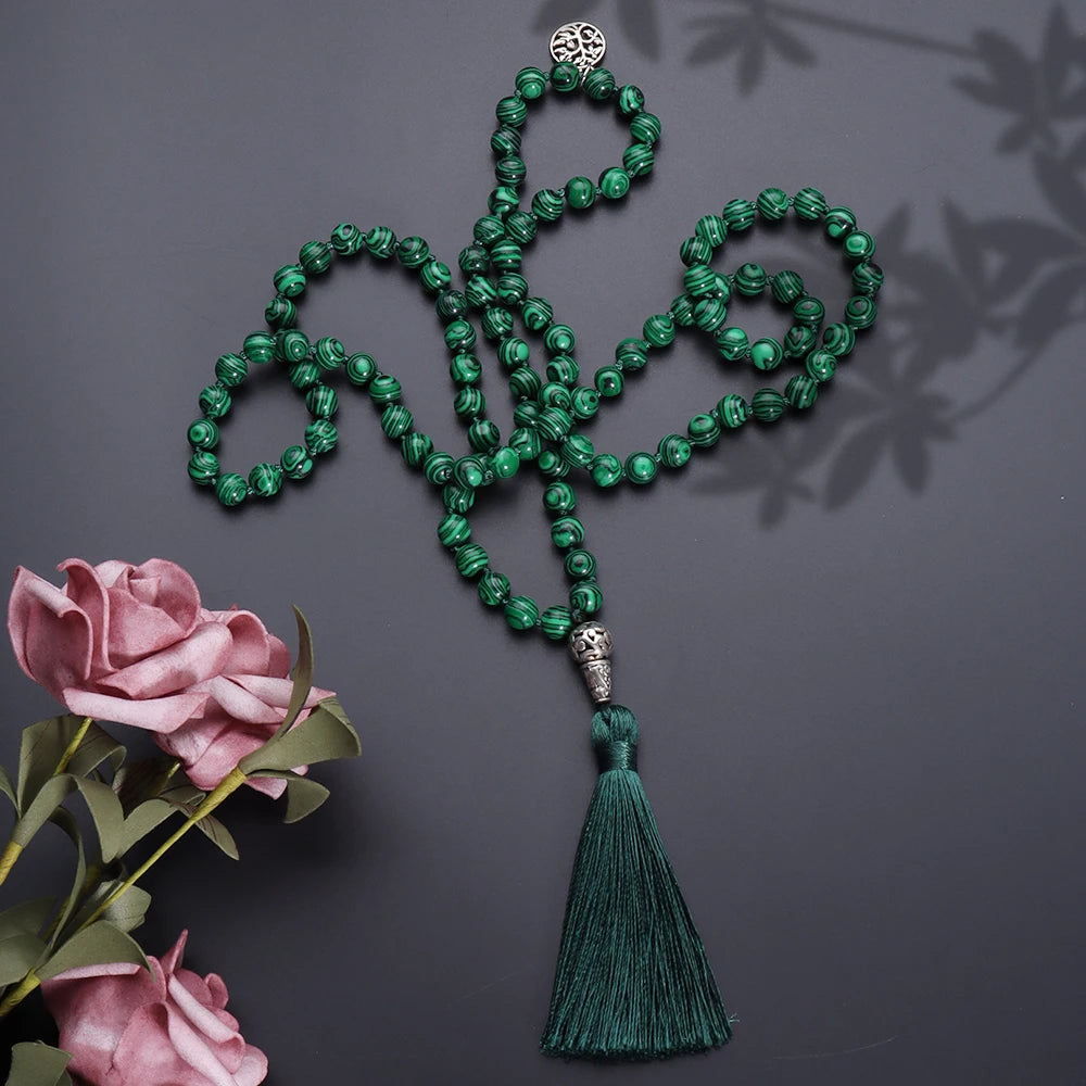 Colliers Mala en Malachite, Perles Tibétaines pour Yoga et Prière