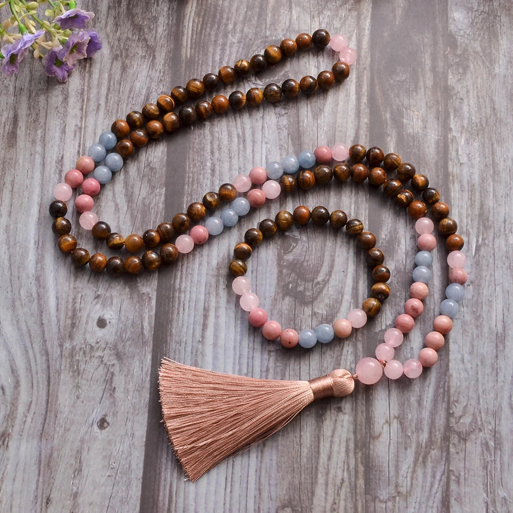Colliers et Bracelet Mala en Œil de Tigre et Quartz Rose, Équilibre et Sérénité