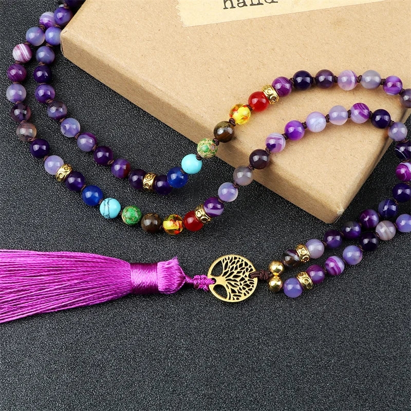 Colliers Mala en Agate Violette, 7 Chakras et Reiki Bien-Être