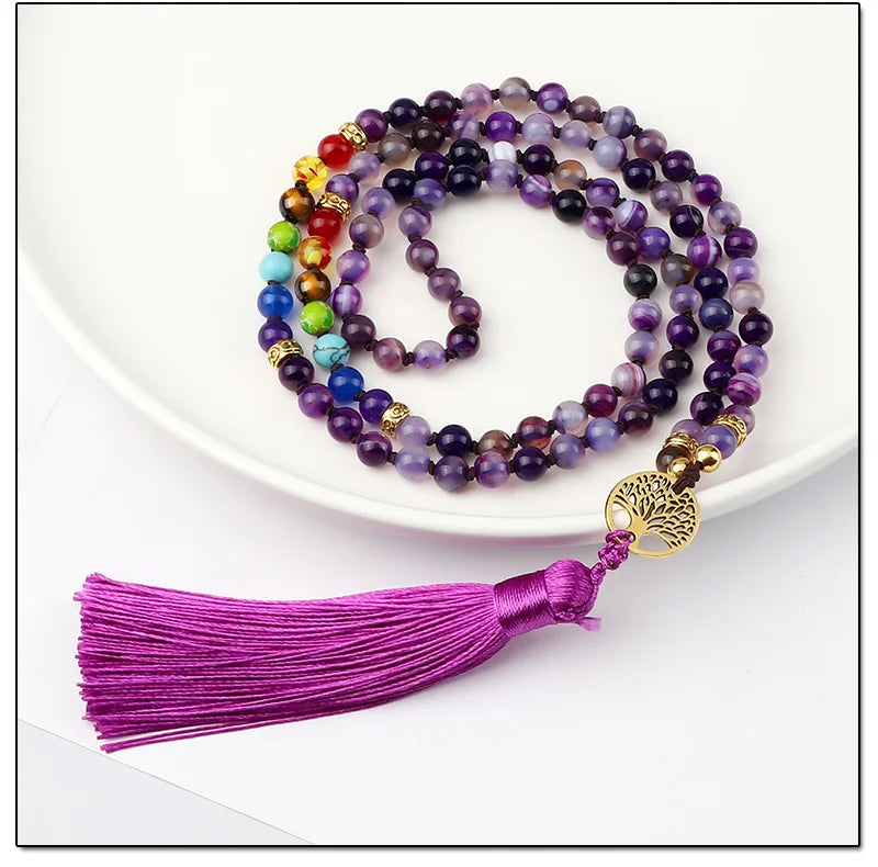 Colliers Mala en Agate Violette, 7 Chakras et Reiki Bien-Être