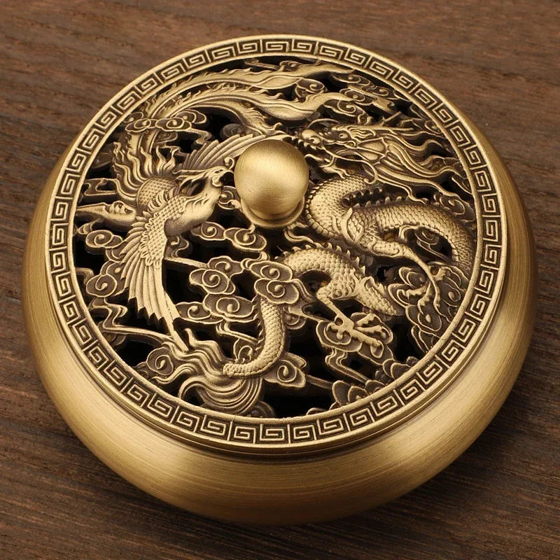 Encensoir en Laiton Dragon et Phénix, Support d’Encens Sculpté