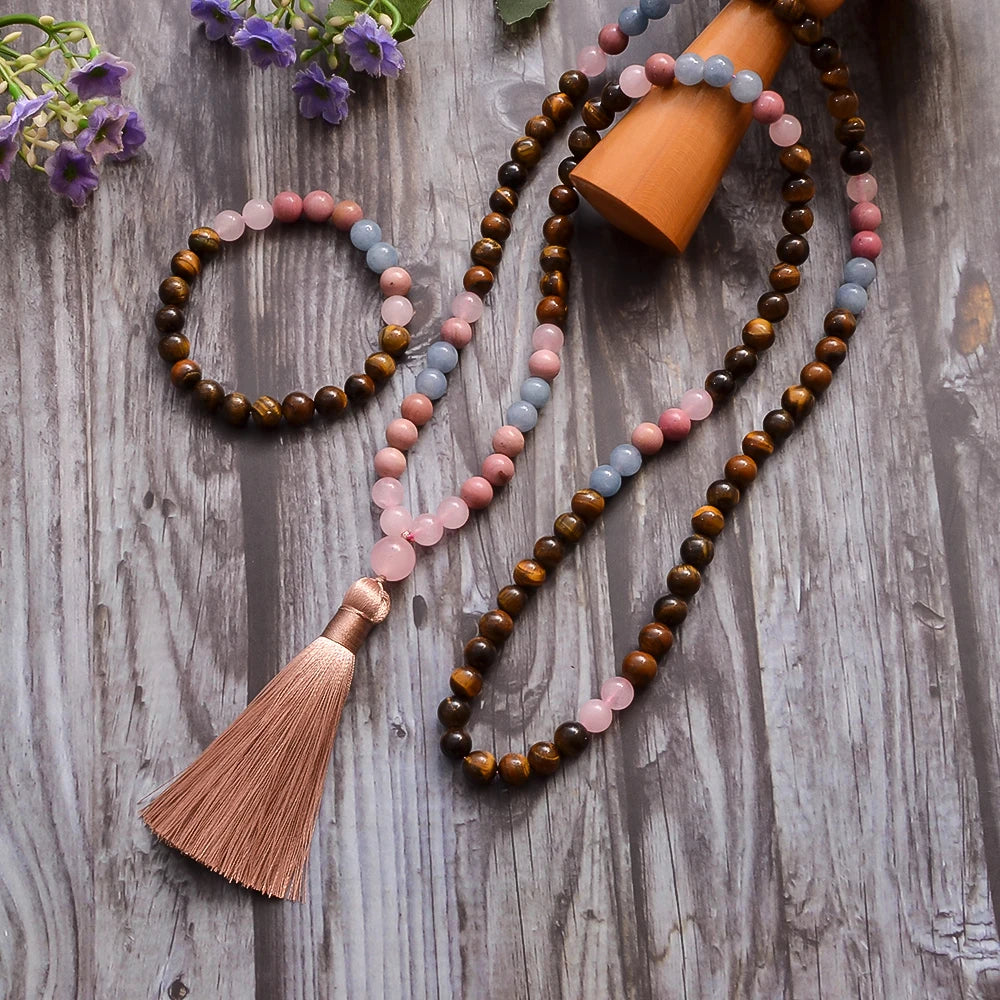 Colliers et Bracelet Mala en Œil de Tigre et Quartz Rose, Équilibre et Sérénité