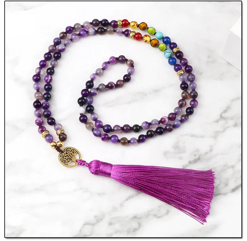 Colliers Mala en Agate Violette, 7 Chakras et Reiki Bien-Être